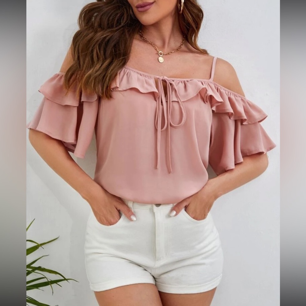 Pink cold shoulder lantern sleeve blouse